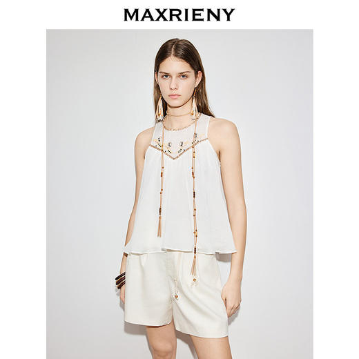 MAXRIENY米白色衬衫2026年春季新款立体花朵珠绣无袖苎麻薄款上衣(货号:MF80TP002) 商品图2