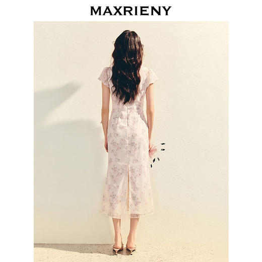 MAXRIENY中式绣花印花收腰连衣裙25夏款修身长裙改良旗袍裙领证裙(货号:MS86DR005) 商品图3
