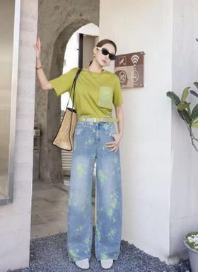 女装25秋冬新品休闲带花牛仔长裤2235-FC98006