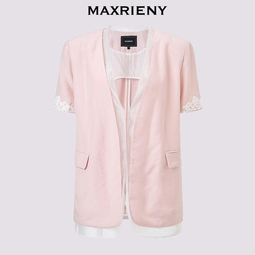MAXRIENY藕粉色西装2026年春季新款钉珠蕾丝天丝轻薄短袖西服外套(货号:MF80JA002) 商品图4