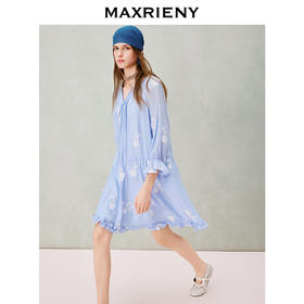 MAXRIENY波嬉度假风印花连衣裙26夏季蓝色醋纤短裙宽松甜美裙子女(货号:MS80DR021)