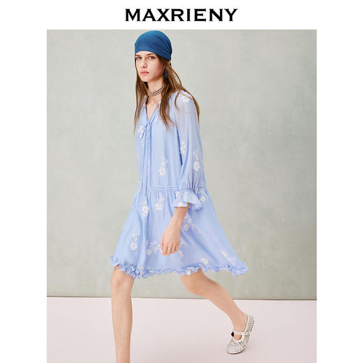 MAXRIENY波嬉度假风印花连衣裙26夏季蓝色醋纤短裙宽松甜美裙子女(货号:MS80DR021) 商品图0