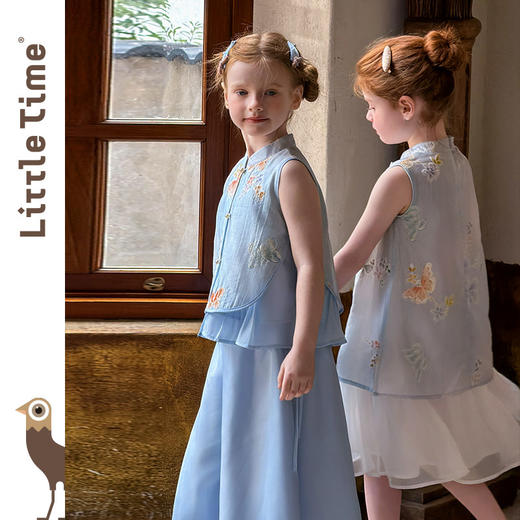 littletime新中式风女童连衣裙夏季无袖刺绣蓝色长裙洋气复古 商品图3