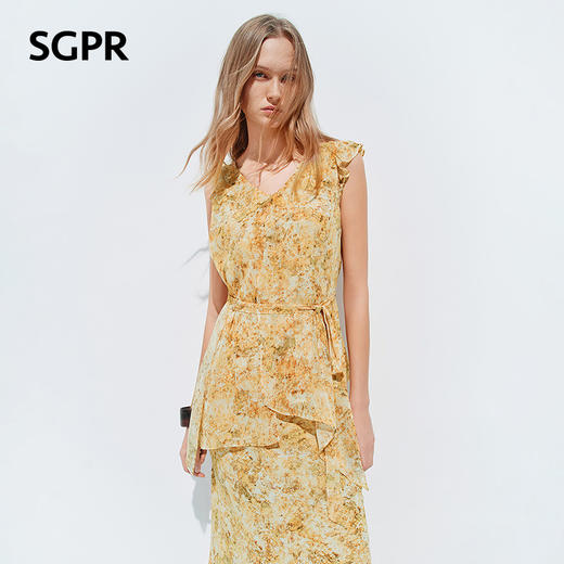 【SGPR】法式度假风印花衬衫2026年夏季新款收腰小飞袖系带上衣(货号:MU80TP035) 商品图0