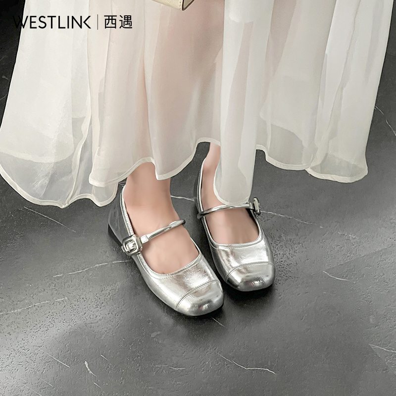 【限时秒杀】西遇银色粗跟单鞋2026新款春季法式配裙子小香风女鞋中跟玛丽珍鞋V0066400