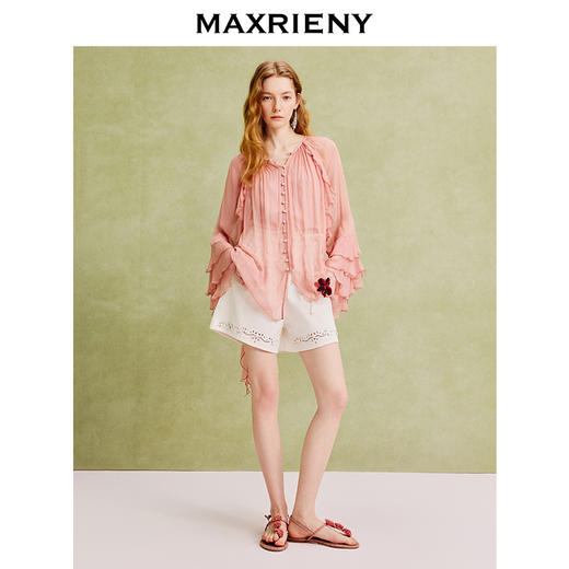 【商场同款】MAXRIENY精致复古v领垂感雪纺衫上衣女长袖夏季薄款(货号:MC86TP069) 商品图1