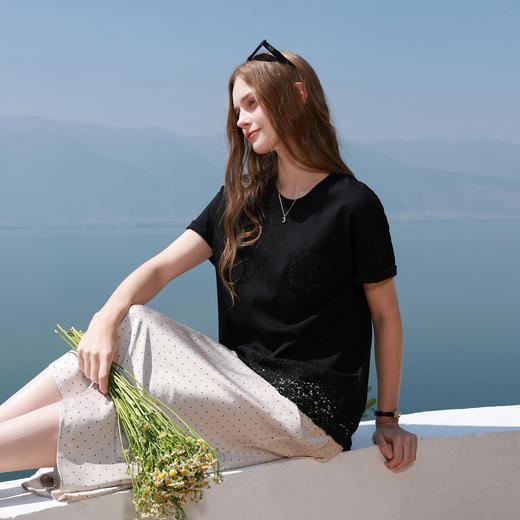 【100棉】三彩2026夏季新款圆领短袖T恤花边宽松休闲上衣套头S 商品图2