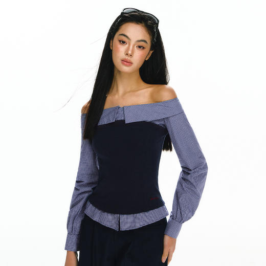 Ariseism 美式复古一字肩长袖上衣长裤套装女春两件套 商品图2