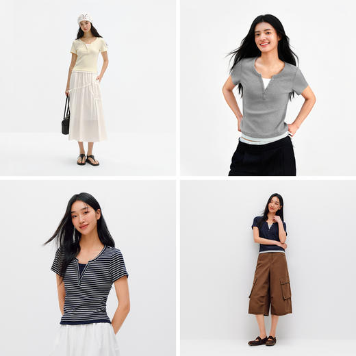 商场同款|森马短袖T恤女夏季短款撞色假两件正肩紧身2026新款上衣 商品图4