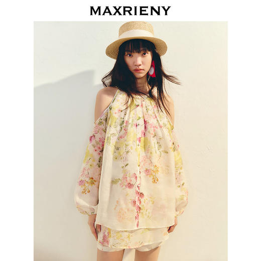 【毛晓彤同款】MAXRIENY浪漫无袖宽松亚麻上衣印花雪纺衫茧型设计(货号:MC86TP036) 商品图0