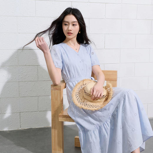 【100棉】三彩2026夏季新款法式绣花连衣裙短袖度假A字裙长裙S 商品图1