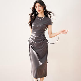 西遇韩系灰色抽绳短袖长裙女2026夏季新款显瘦收腰褶皱针织连衣裙SS060265