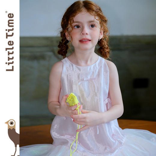 littletime千金风淡粉色挂脖连衣裙女童蝴蝶结花苞裙幻彩公主裙 商品图4