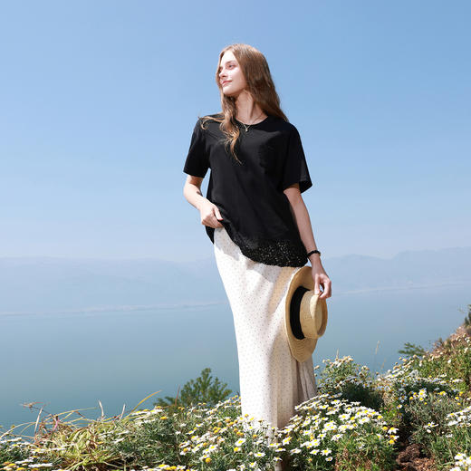 【100棉】三彩2026夏季新款圆领短袖T恤花边宽松休闲上衣套头S 商品图3