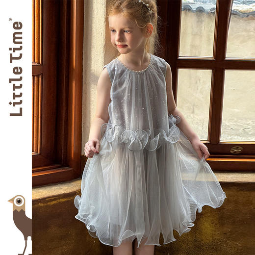 littletime梦幻无袖纱质连衣裙女童水母钉珠蓬蓬裙白色灰色礼服 商品图4