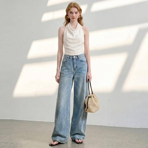 西遇高街复古2026春新款女水洗高腰显瘦垂感阔腿裤直筒牛仔裤H0060234 商品图1