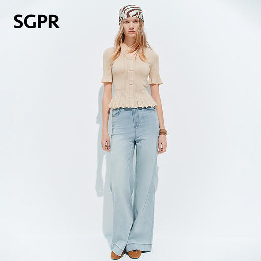 【SGPR】浅杏色收腰修身上衣2026年夏季新款短袖荷叶边针织衫毛衣(货号:MU80SW004) 商品图1