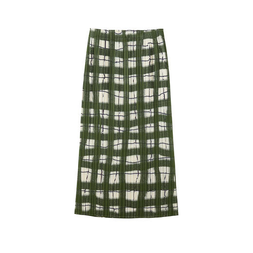 谜底压褶半裙2026夏季新品H型修身绿色格纹文艺中长裙女262MB0629 商品图4