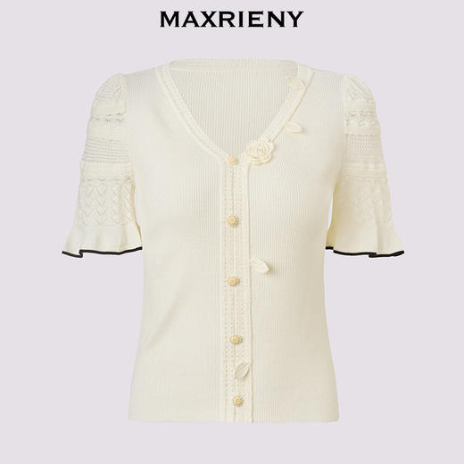 MAXRIENY春日氛围感v领套头毛针织衫修身显瘦立体花小众设计上衣(货号:MS86SW042) 商品图4