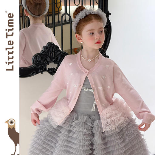 littletime甜美女童粉色珍珠蝴蝶结针织空调衫拼接网纱蛋糕摆开衫 商品图0