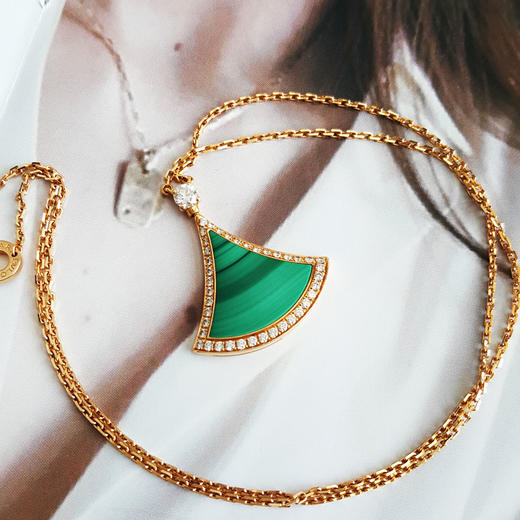 【95新】BVLGARI宝格丽DIVAS’ DREAM系列358893大号玫瑰金镶边钻孔雀石扇形扇子项链 链长约44cm女士200326NJ04 商品图4