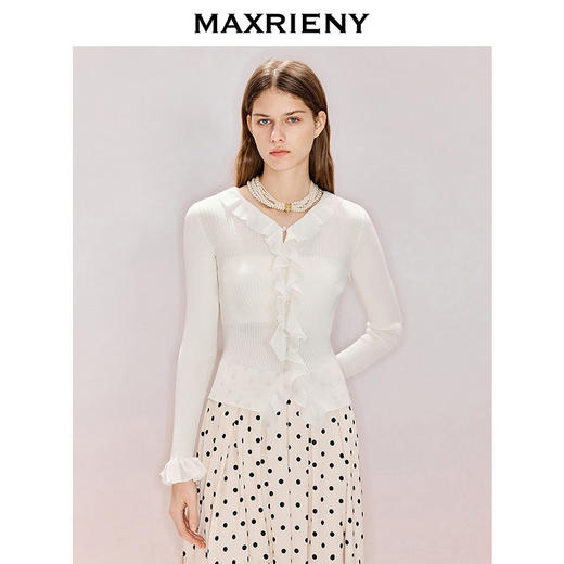 MAXRIENY米白色针织衫2026年春季新款V领套头毛衣修身荷叶边上衣(货号:MF80JA013) 商品图2