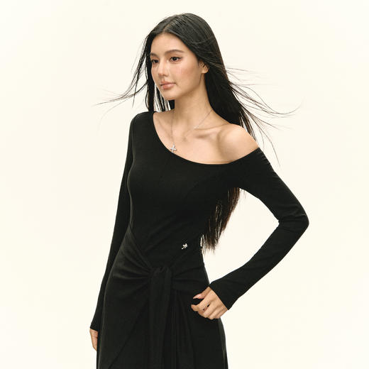 Ariseism 美式复古高级感斜肩绑带长袖长裙女春季新款修身连衣裙 商品图2