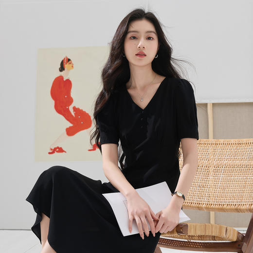 【醋酸】三彩2026夏季新款法式小黑裙连衣裙收腰A字裙中长裙S 商品图1