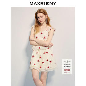 【曾宥臻同款】MAXRIENY精致优雅红花绣花连衣裙飞飞袖短款收腰裙(货号:MC86DR272)