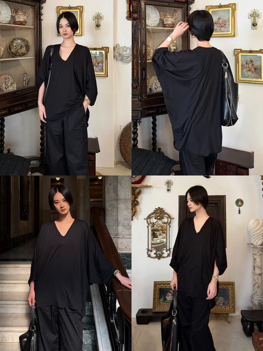 hidemi副线小h V领松弛廓形卷边长袖T恤连衣裙 商品图3