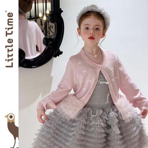 littletime甜美女童粉色珍珠蝴蝶结针织空调衫拼接网纱蛋糕摆开衫 商品图1