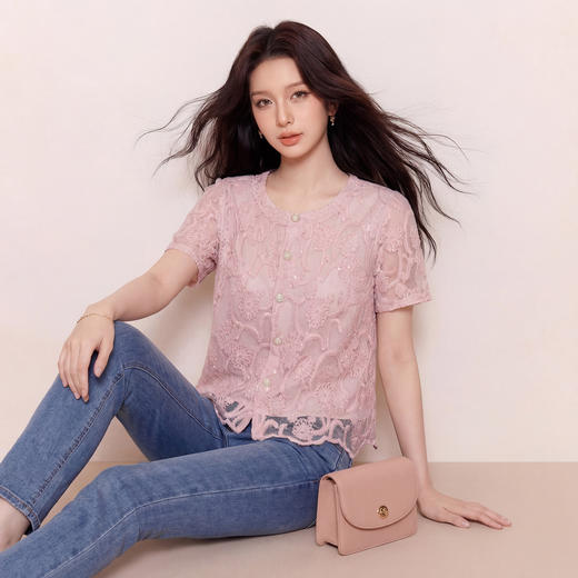 奢姿大码女装2026夏季优雅波浪摆上衣胖妹妹小香风蕾丝刺绣衬衫9962294610 商品图3