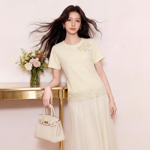 奢姿大码女装2026夏季减龄蝴蝶结钉珠上衣胖妹妹花边圆领时尚T恤9962194585 商品图4