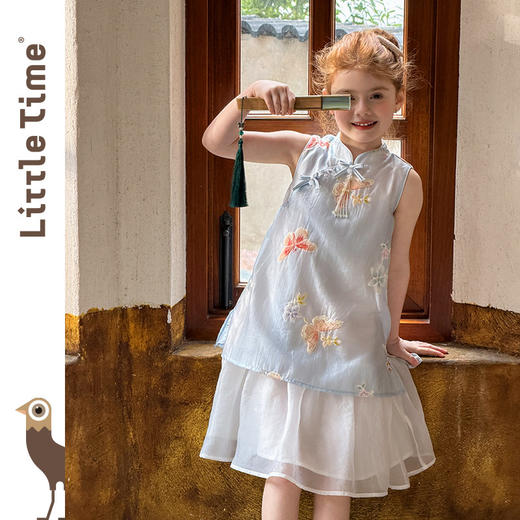 littletime新中式风女童连衣裙夏季无袖刺绣蓝色长裙洋气复古 商品图1