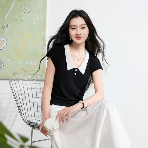 三彩2026夏季新款休闲翻领针织衫短袖修身上衣套头毛衫S 商品图1