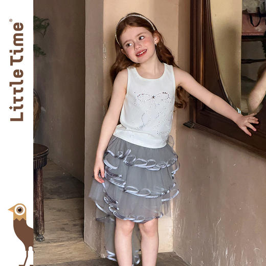 littletime甜美公主风白色星星背心网纱女童荷叶边拖尾半身裙套装 商品图4