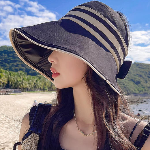 UPF50+高倍防晒黑胶防晒帽 大沿条纹空顶帽子 女户外防紫外线可折叠太阳帽  商品图3