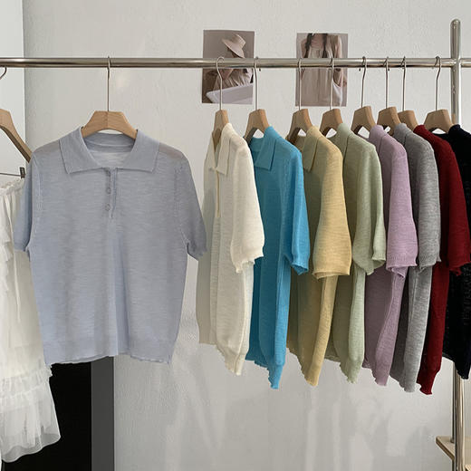 雀说翻领纯色短袖竹节麻针织衫夏季简约百搭直筒上衣 WAL7068 商品图2