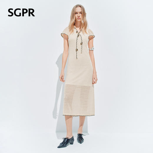 【SGPR】米白色手钩花连衣裙2026夏季新款中长款短袖V领撞色裙子(货号:MU80DR027) 商品图2