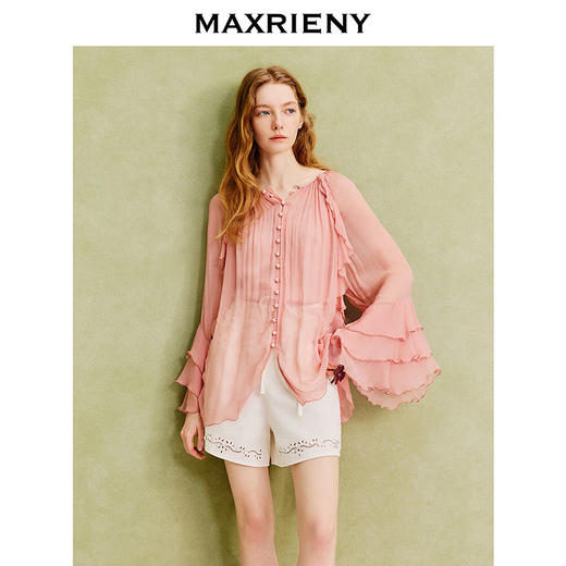 【商场同款】MAXRIENY精致复古v领垂感雪纺衫25夏长袖法式上衣女(货号:MC86TP069) 商品图2