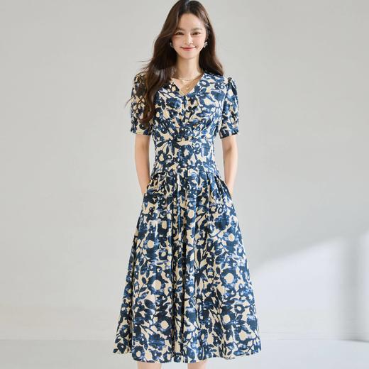 「高货sh」全新升级【铂金会员293/天猫399/差价106】(15808)洛诗琳气质印花短袖连衣裙2026新款系带收腰显瘦茶歇裙 商品图3