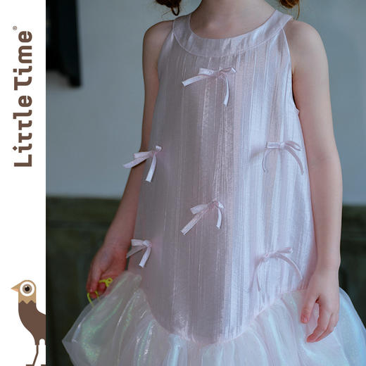 littletime千金风淡粉色挂脖连衣裙女童蝴蝶结花苞裙幻彩公主裙 商品图3