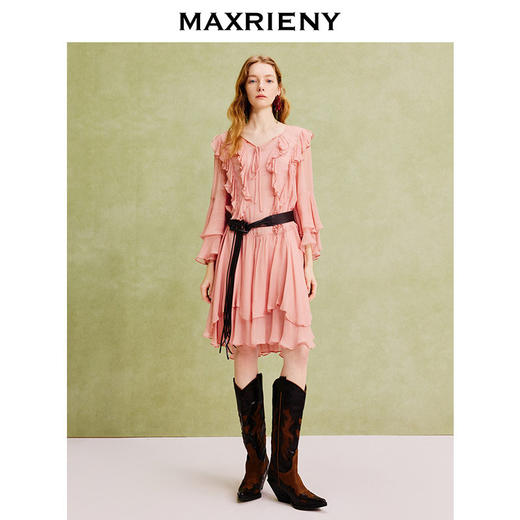 【商场同款】MAXRIENY温柔浪漫荷叶边连衣裙25夏复古法式长袖中裙(货号:MC86DR088) 商品图1