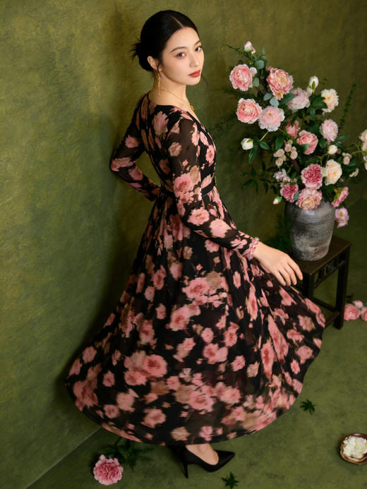 ‘’《花间集》～秋海棠”主题款水红色、棠梨褐连衣裙HJ3S52 商品图1