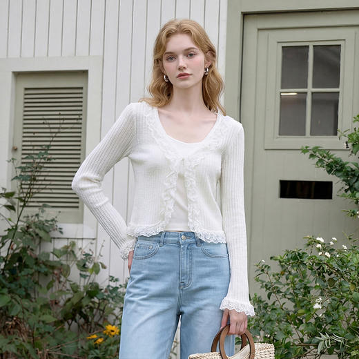 西遇法式浪漫风2026春夏新款蕾丝拼接荷叶边女修身针织开衫外套H0060249 商品图1