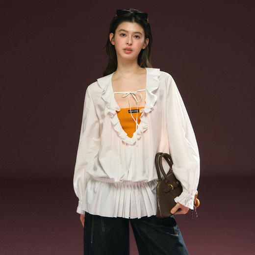 Ariseism 美式复古设计感白色木耳边罩衫上衣女春季新款 商品图0