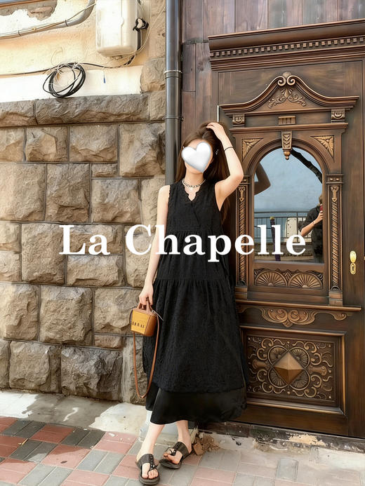 专柜实拍【蕾丝两件套】拉夏贝尔/La Chapelle别致刺绣侧边系带无袖连衣裙叠穿净版吊带裙套装 商品图2