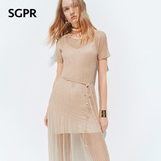 【SGPR】浅杏色散摆式连衣裙2026年夏季新款中长款钉珠收腰裙子(货号:MU80DR030) 商品图1