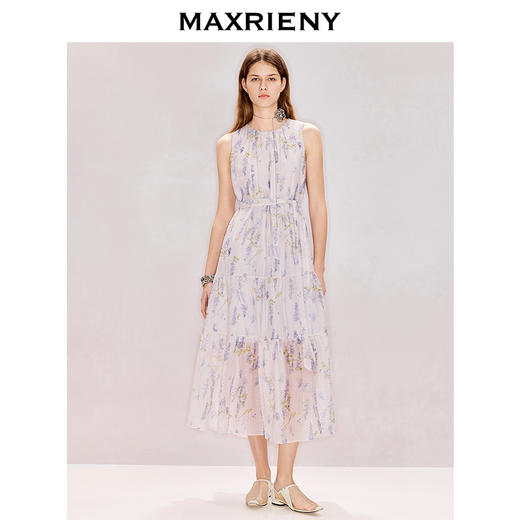 MAXRIENY无袖收褶系带印花连衣裙2026年夏季新款中长款圆领长裙(货号:MZ80DR003) 商品图2