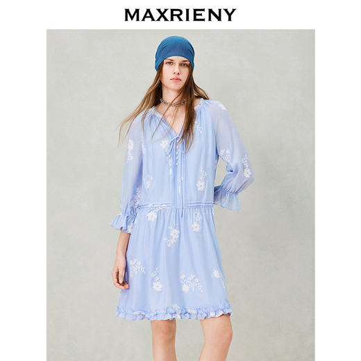 MAXRIENY波嬉度假风印花连衣裙26夏季蓝色醋纤短裙宽松甜美裙子女(货号:MS80DR021) 商品图2